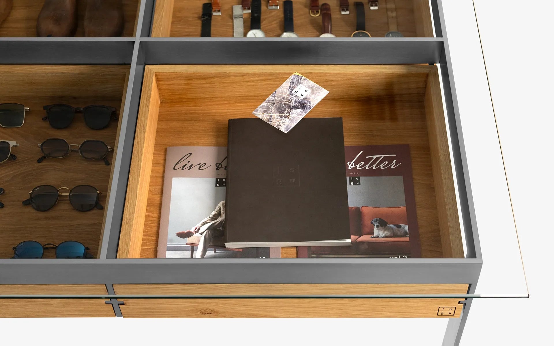 Buredo Glass-Top Drawer Showcase Table