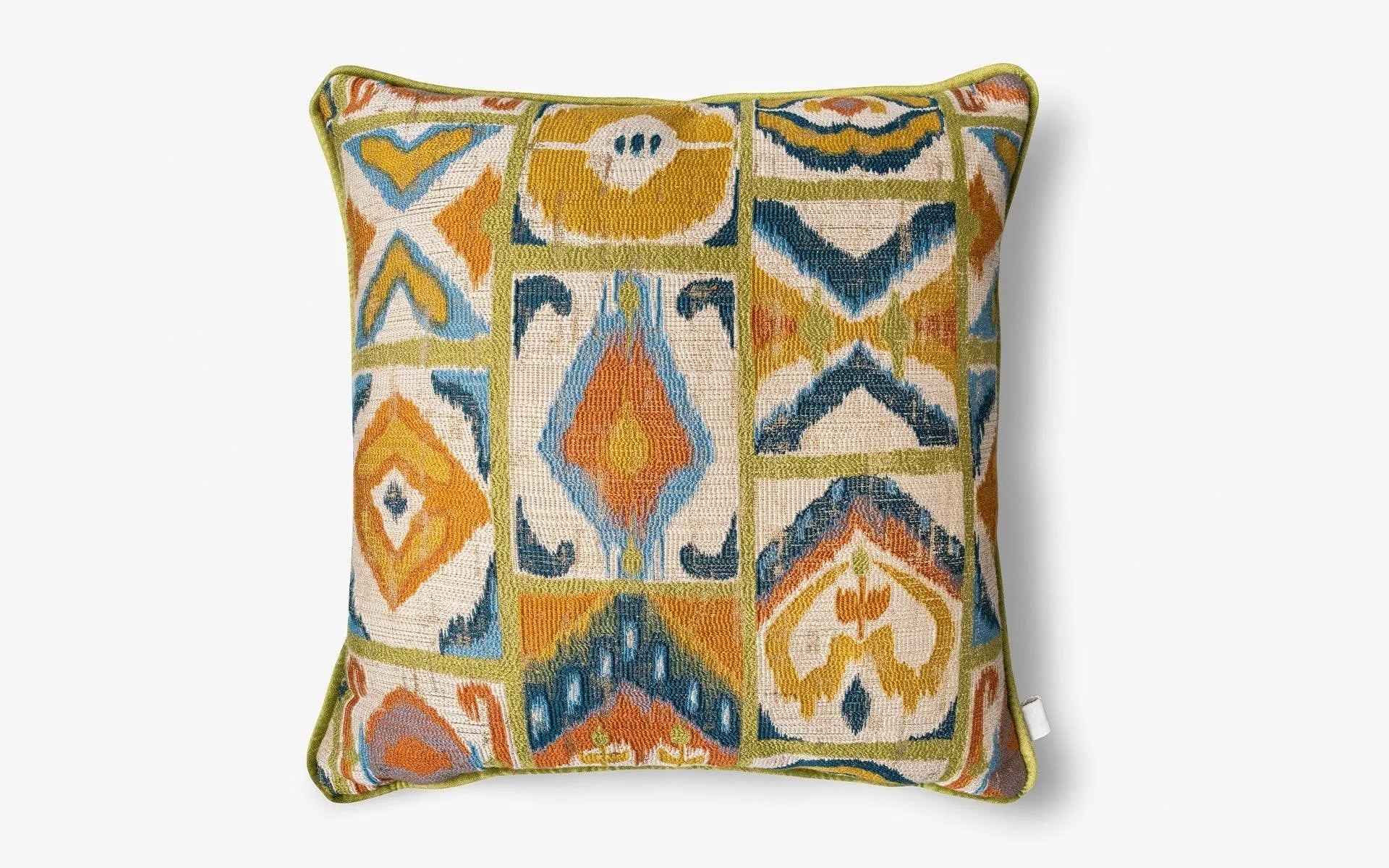 Cream-Green Patterned Ikat Large Throw Pillow - lagu - Cushion