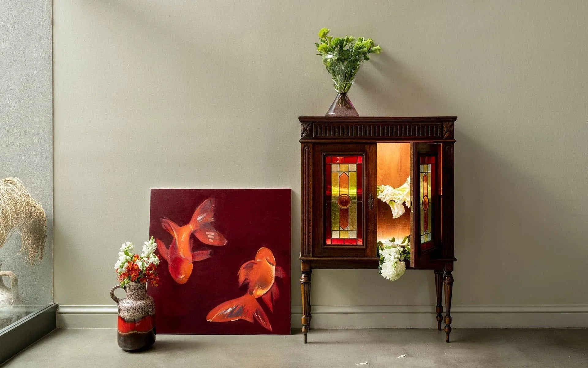 Wooden Vintage Buffet with Stained Glass - laguglobal